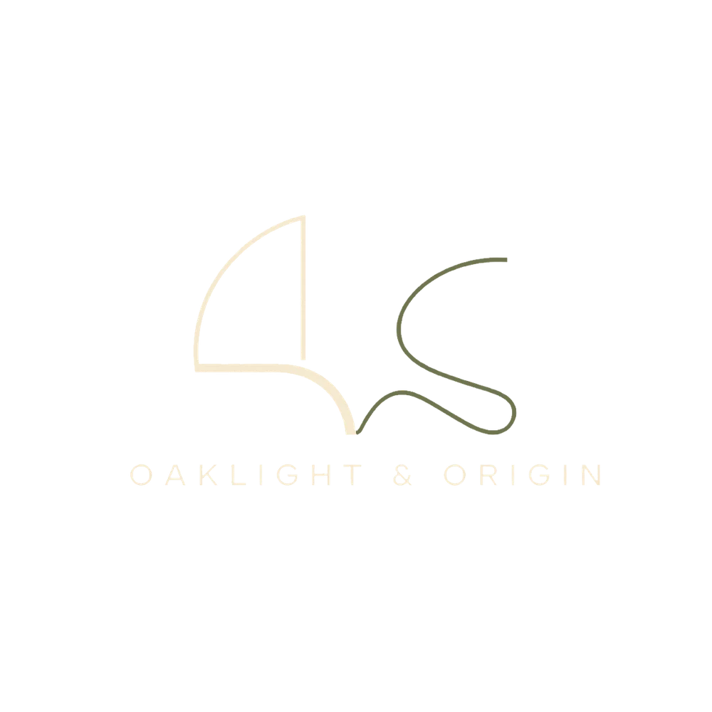 Oaklight and Origin Form and Flow companion mark in cream and moss linework.