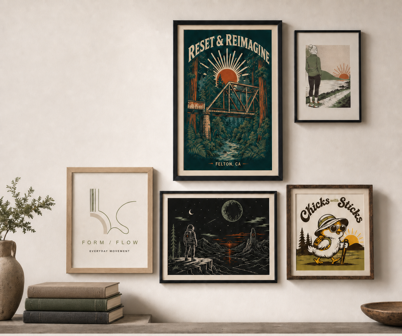 A warm gallery wall displaying framed Reset and Reimagine, Rooted Motion, Form and Flow, Project Artemis, and Chicks with Sticks artwork above a shelf with clothbound journals and pottery.