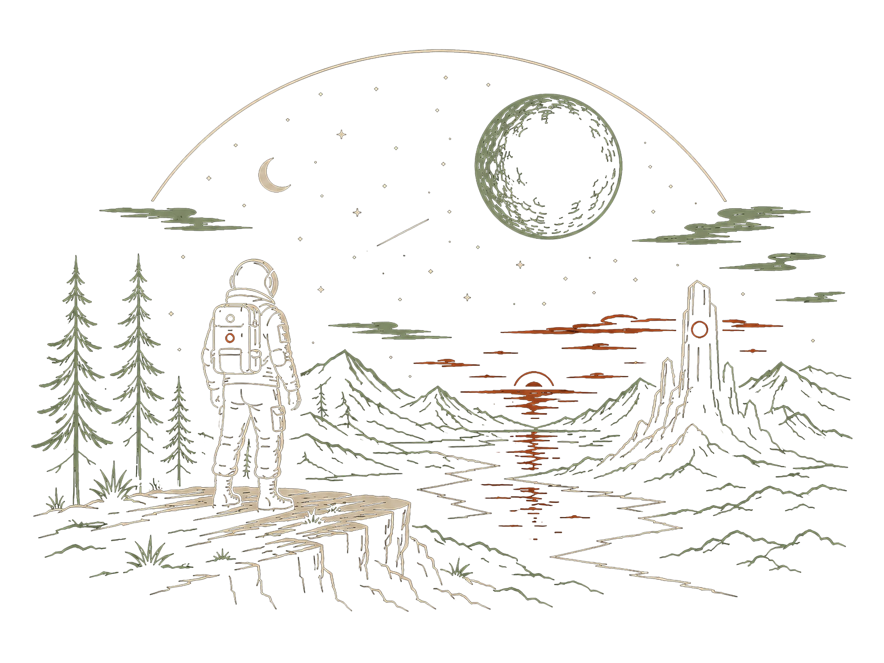 Project Artemis artwork showing an astronaut at the edge of an unfamiliar landscape.