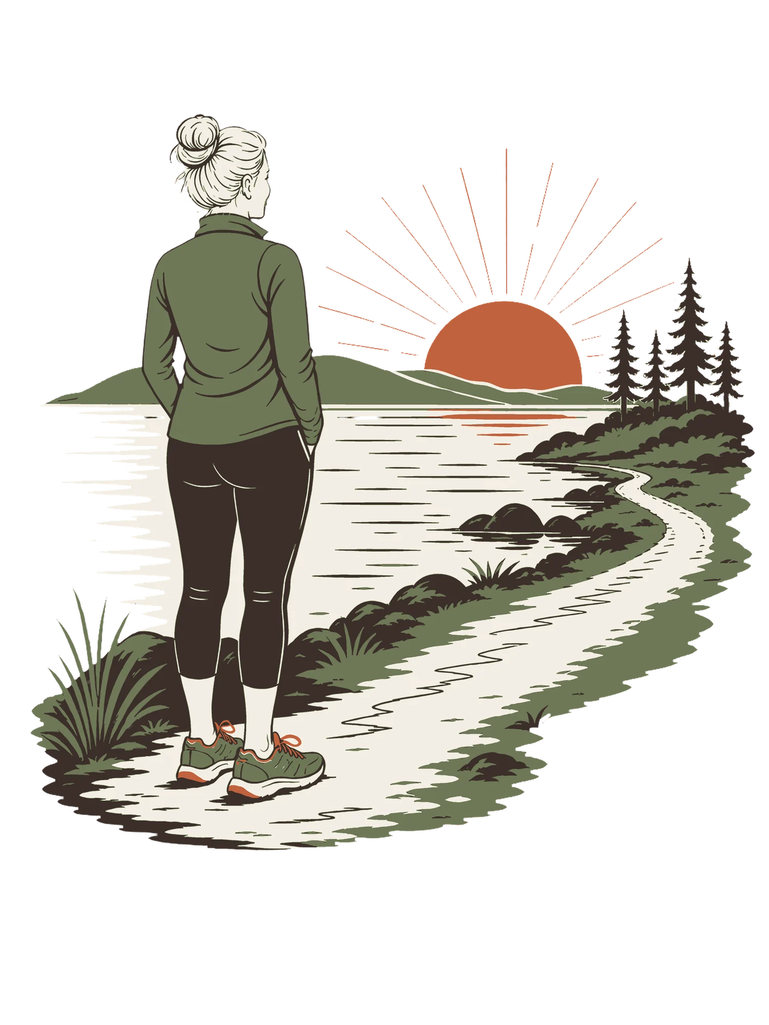 Rooted Motion artwork showing a walker looking across water toward a winding path and low sun.